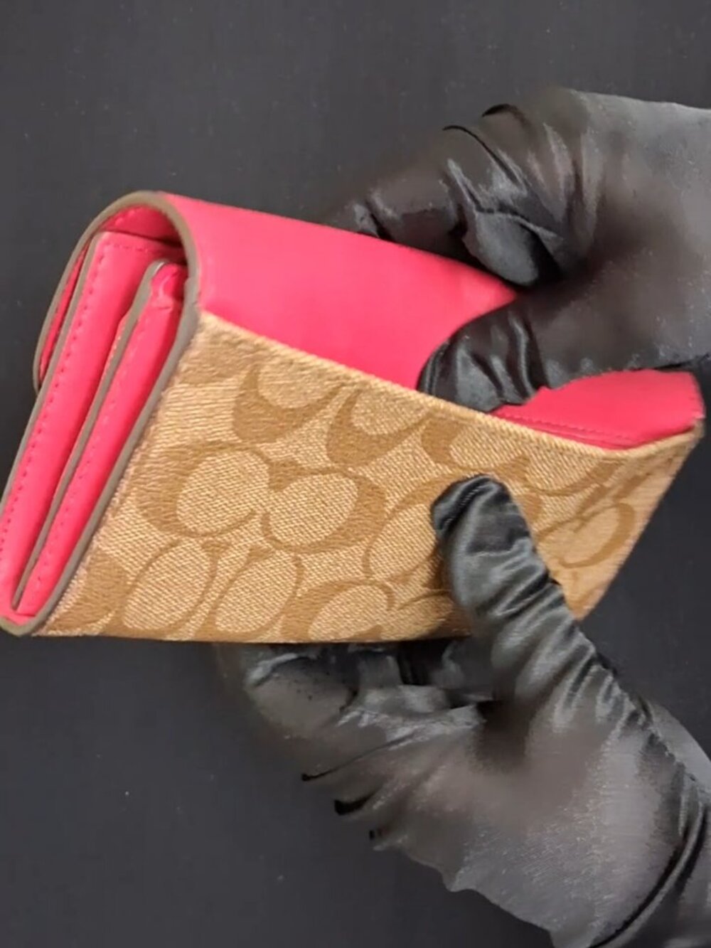 COACH Signature Canvas Pink Leather Flap Continental Wallet - Picture 5 of 14